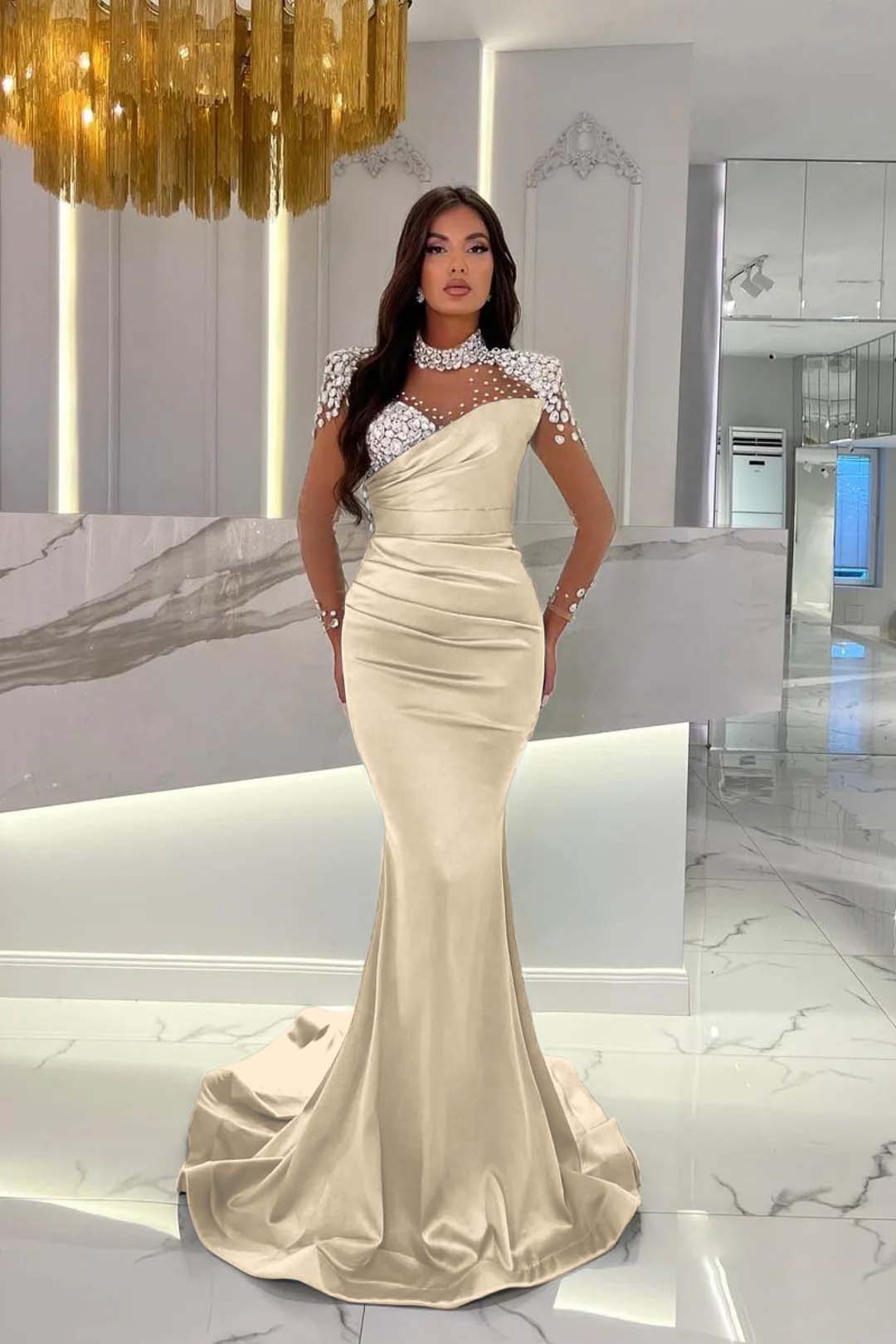 Orange Prom Dress Mermaid High Neck Formal Dress With Sleeves