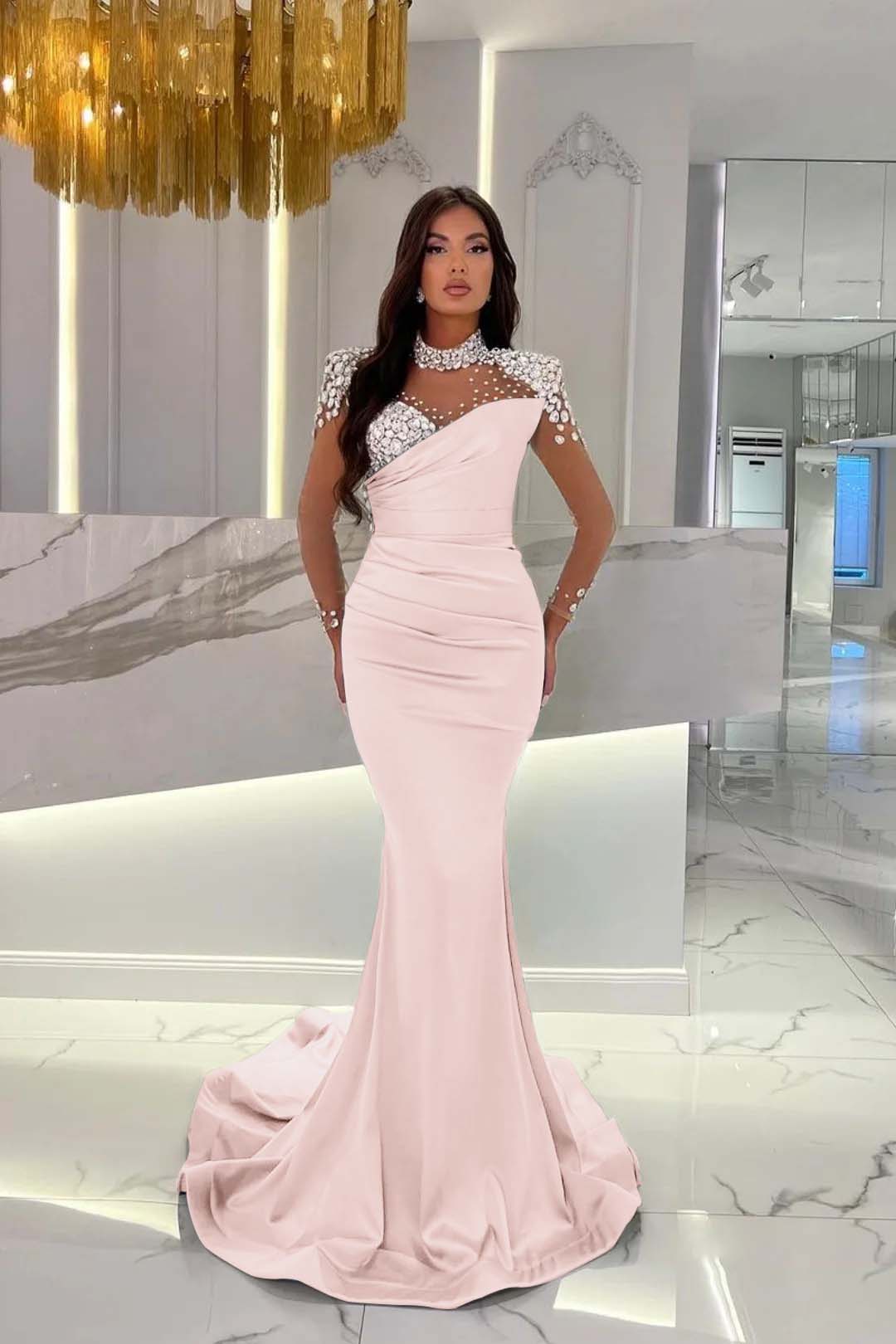 Orange Prom Dress Mermaid High Neck Formal Dress With Sleeves