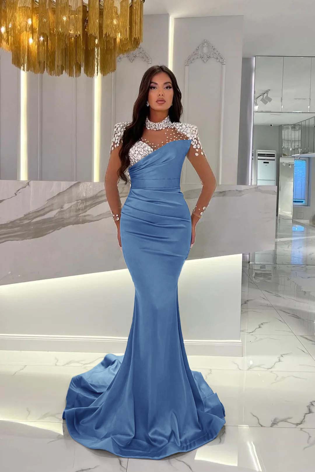 Orange Prom Dress Mermaid High Neck Formal Dress With Sleeves