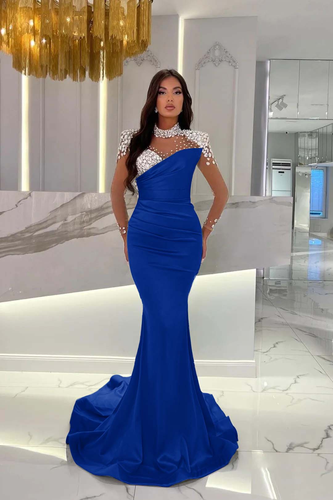Orange Prom Dress Mermaid High Neck Formal Dress With Sleeves