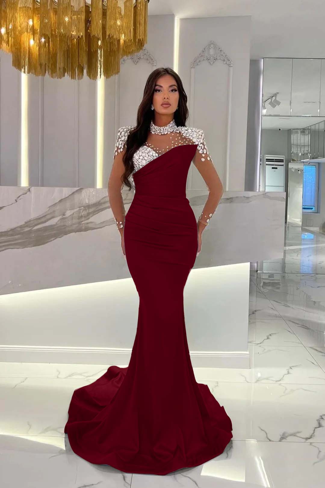 Orange Prom Dress Mermaid High Neck Formal Dress With Sleeves