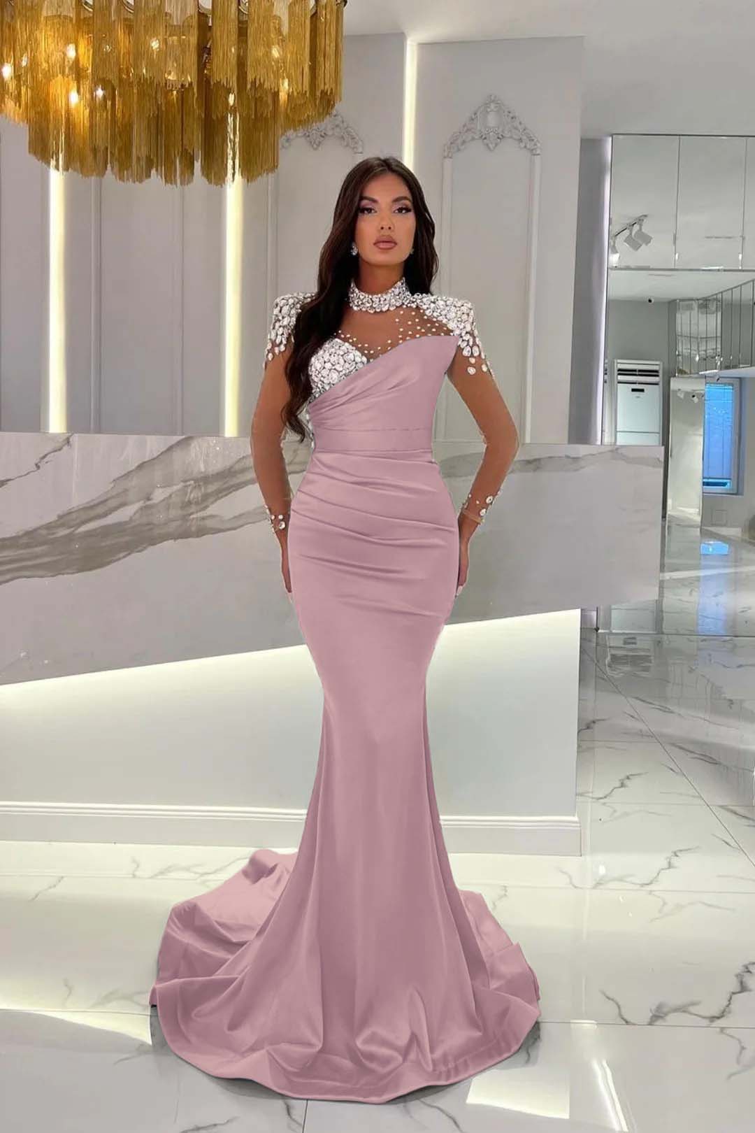 Orange Prom Dress Mermaid High Neck Formal Dress With Sleeves