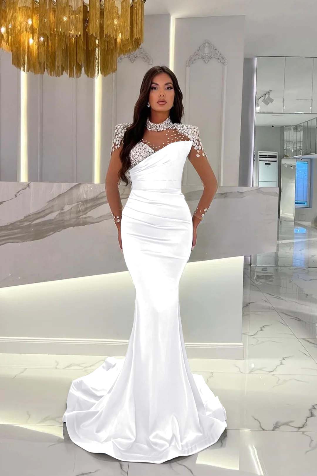 Orange Prom Dress Mermaid High Neck Formal Dress With Sleeves