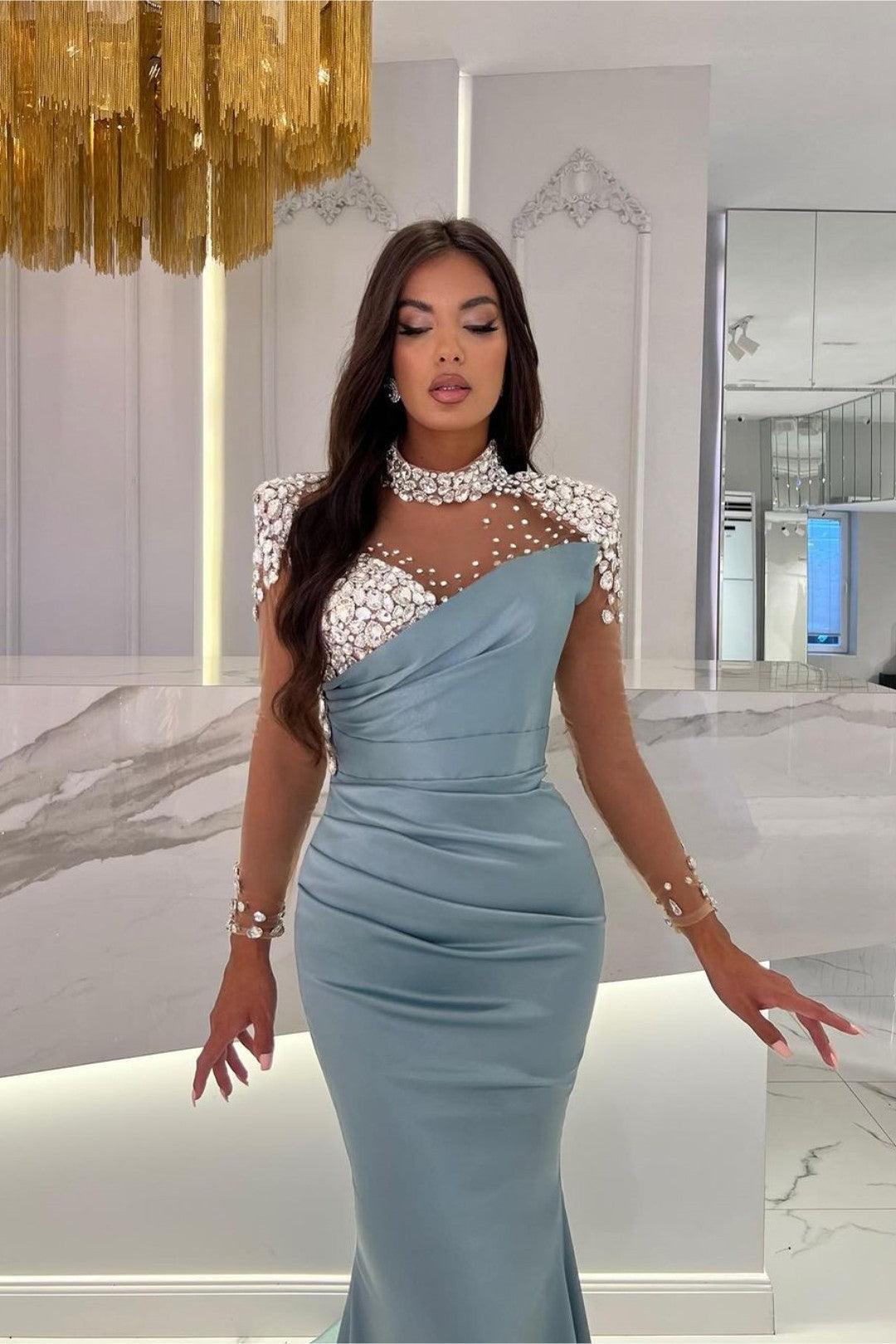 Orange Prom Dress Mermaid High Neck Formal Dress With Sleeves