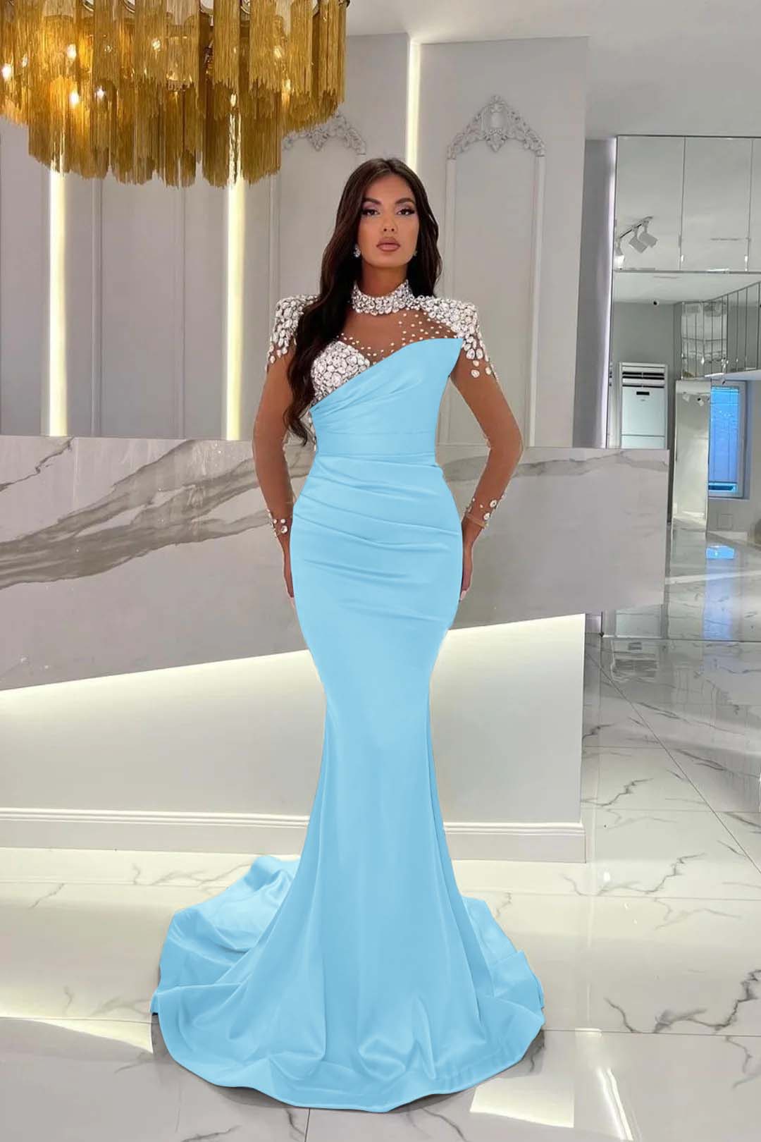 Orange Prom Dress Mermaid High Neck Formal Dress With Sleeves