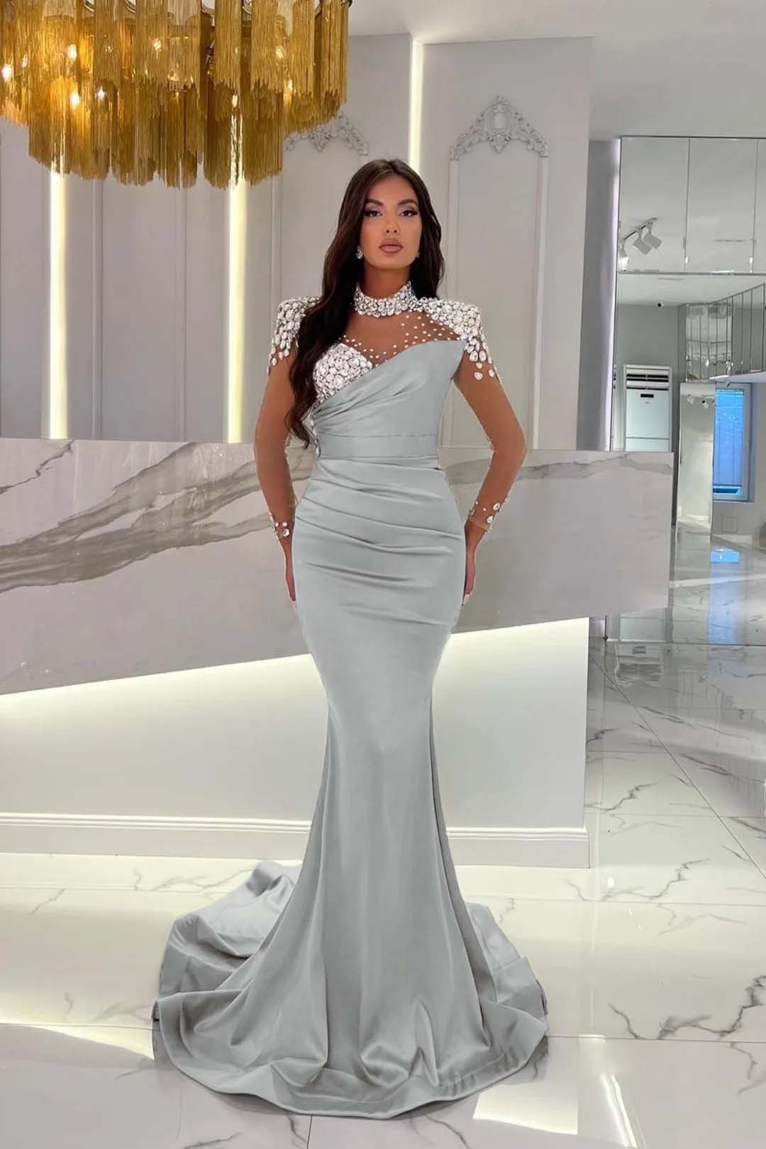 Orange Prom Dress Mermaid High Neck Formal Dress With Sleeves