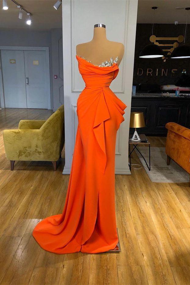 Orange Prom Dress Sequined Mermaid Online Strapless Pleated Evening Formal Dress