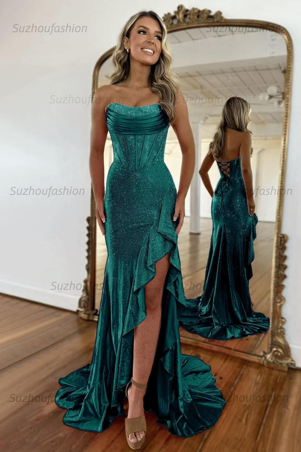 Hot Pink Beaded Prom Dress Corset Ruffled Strapless Formal Dress With Slit
