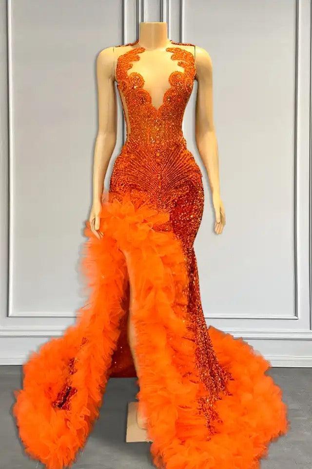 Orange Sleeveless Mermaid Formal Dresses with Side Slit and Tulle Beadings