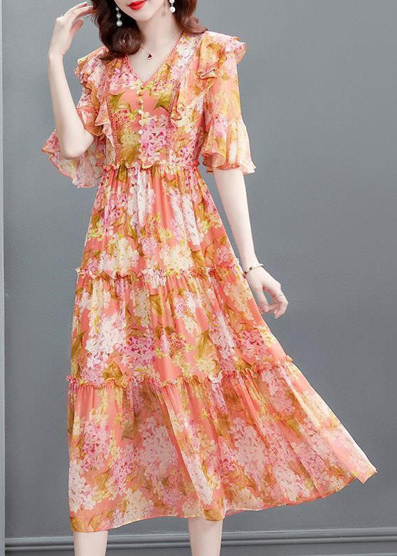 Orange V Neck Print Ruffled Wrinkled Silk Party Long Dress Flare Sleeve