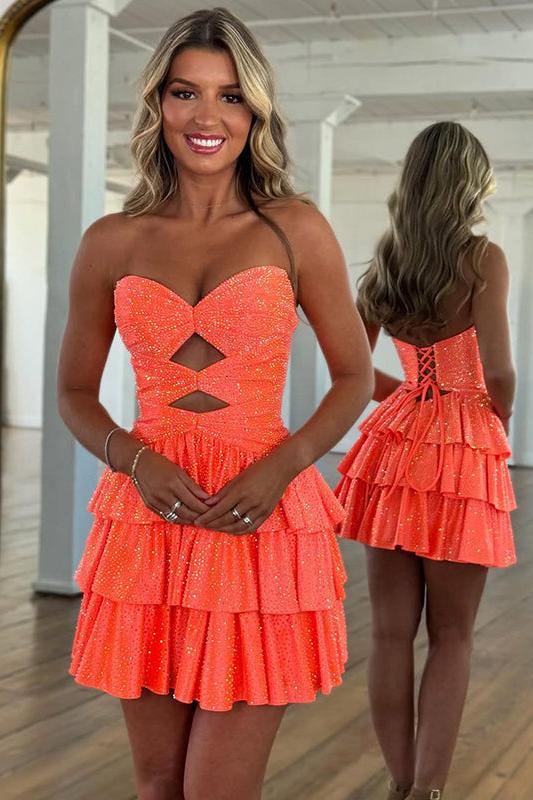 Orange A Line Homecoming Dresses Tiered Short Cocktail Dresses With Beading