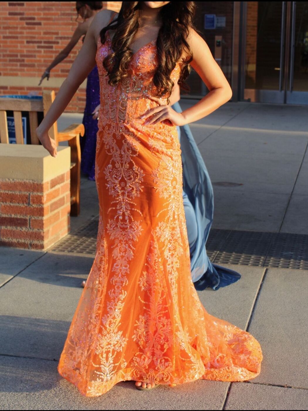 Orange Mermaid Spaghetti Straps Sequins Applique Prom Dress - VelvetHem