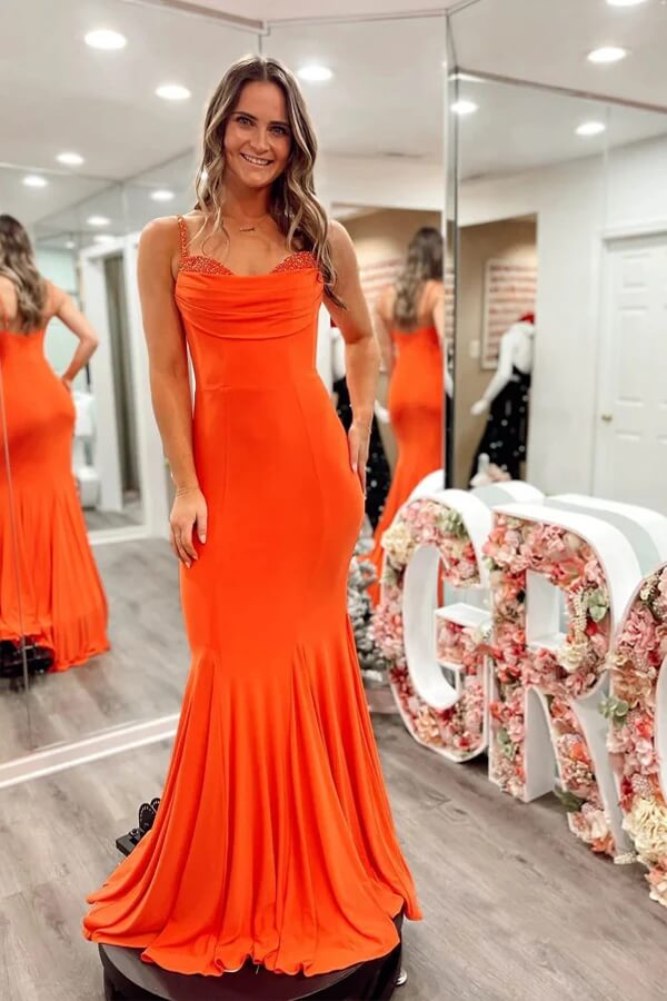 Stretchy Satin Mermaid Spaghetti Straps Prom Dresses With Train - VelvetHem