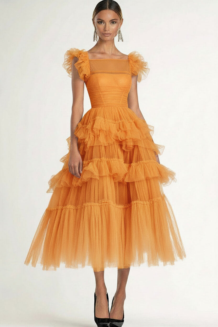 Tea Length Black Wedding Guest Dress A-Line Flatter Sleeves Tulle Formal Dress With Ruffles