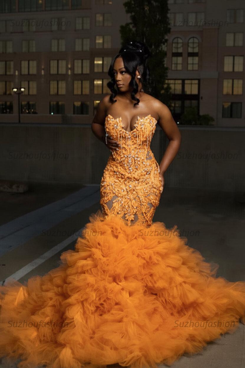Mermaid Sweetheart Prom Dress Ruffled Sleeveless Formal Evening Gown with Rhinestones and Beadings