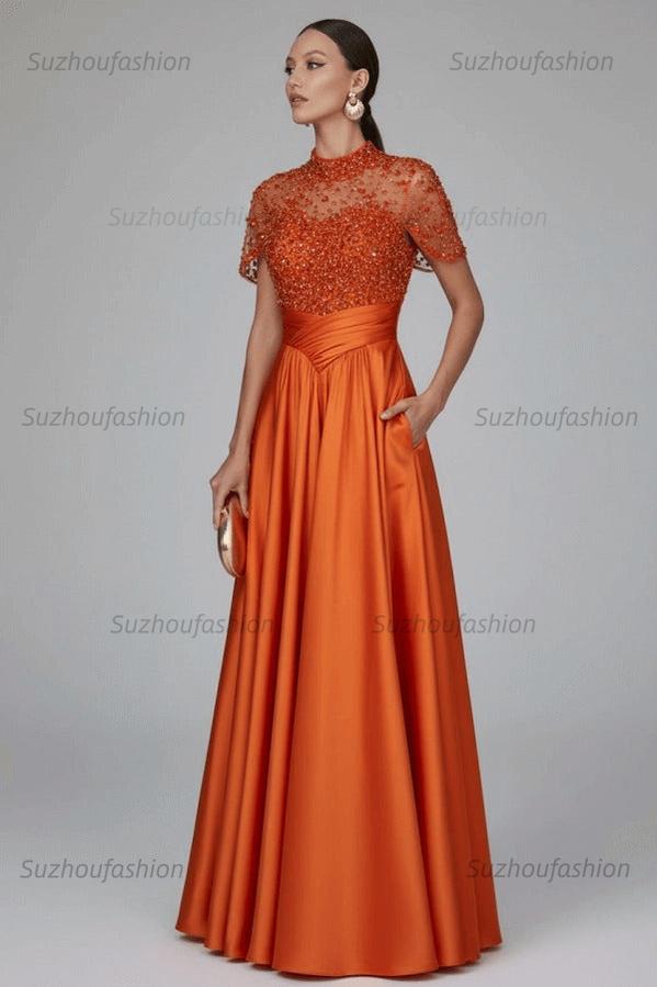 High Neck Short Sleeves Long Evening Formal Dress With Beading Pockets