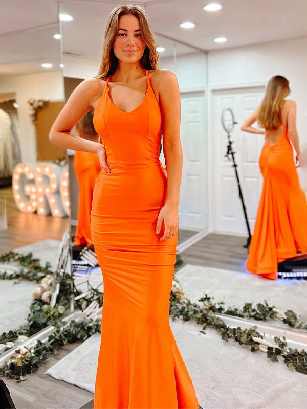Orange Mermaid Halter Satin Long Prom Dress - VelvetHem