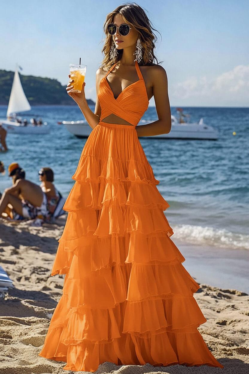 Halter Tiered White 2 Piece Ruffled Formal Dress