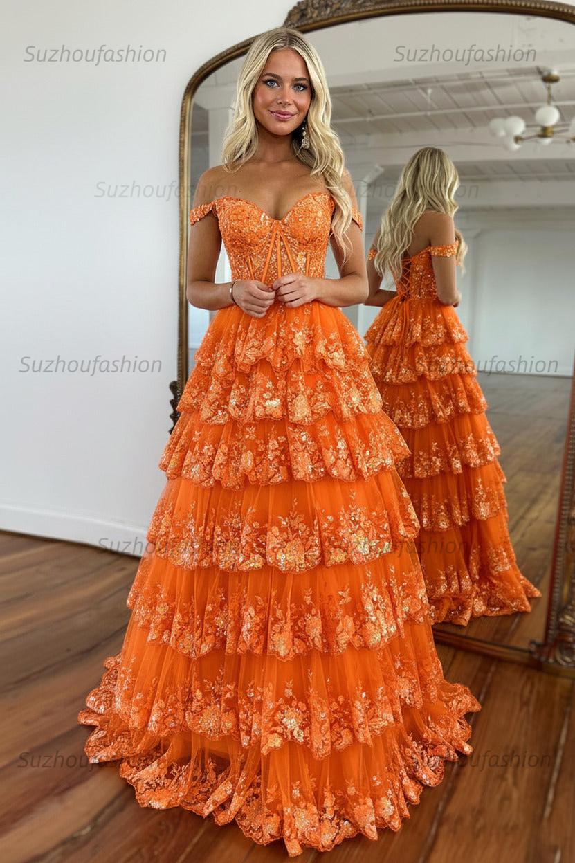 Glitter Hot Pink Corset Off the Shoulder Lace Long Prom Dress