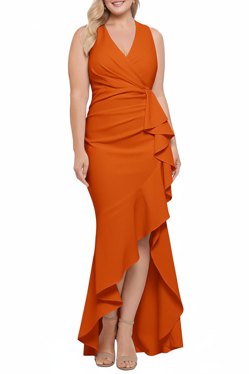 V Neck Sleeveless Plus Size Long Sheath Column Mother of the Bride Dress with Ruffles