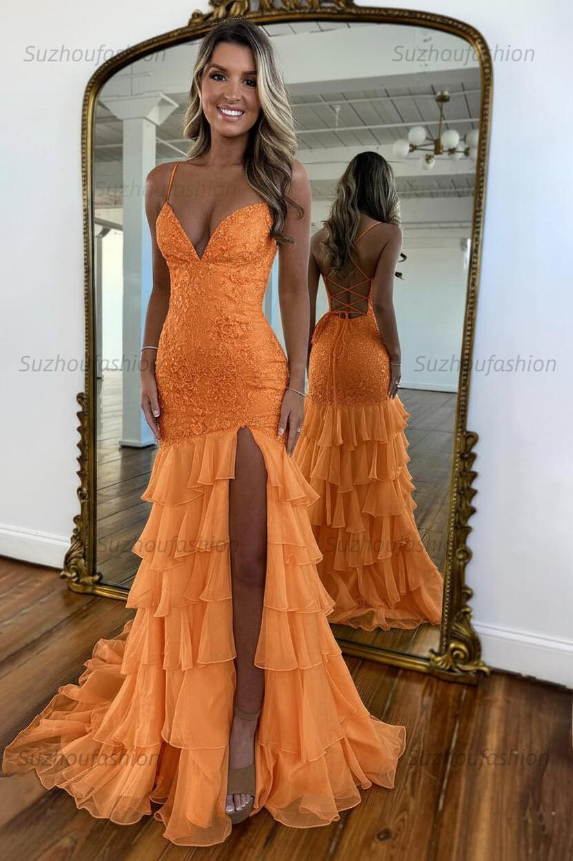 Suzhoufashion Mermaid Spaghetti Straps Lace Up Long Prom Dress With Ruffle Skirt Formal Evening Gown