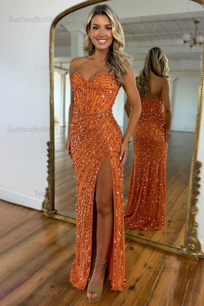 Sequined Prom Dress Sweetheart Mermaid With High Slit Skirt Formal Evening Gown