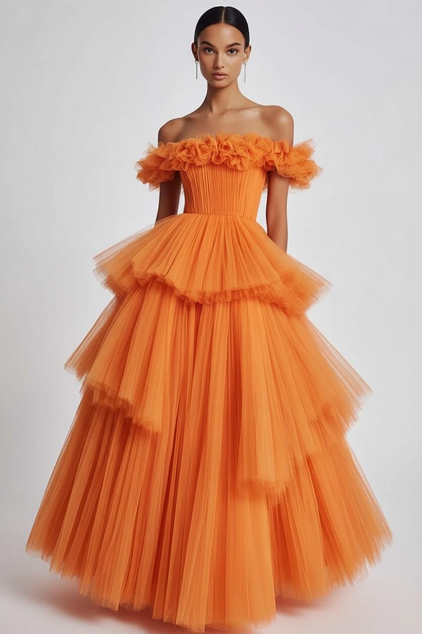 Dusty Sage Prom Dress Tulle Off The Shoulder Ball Gown Formal Dress With Ruffles