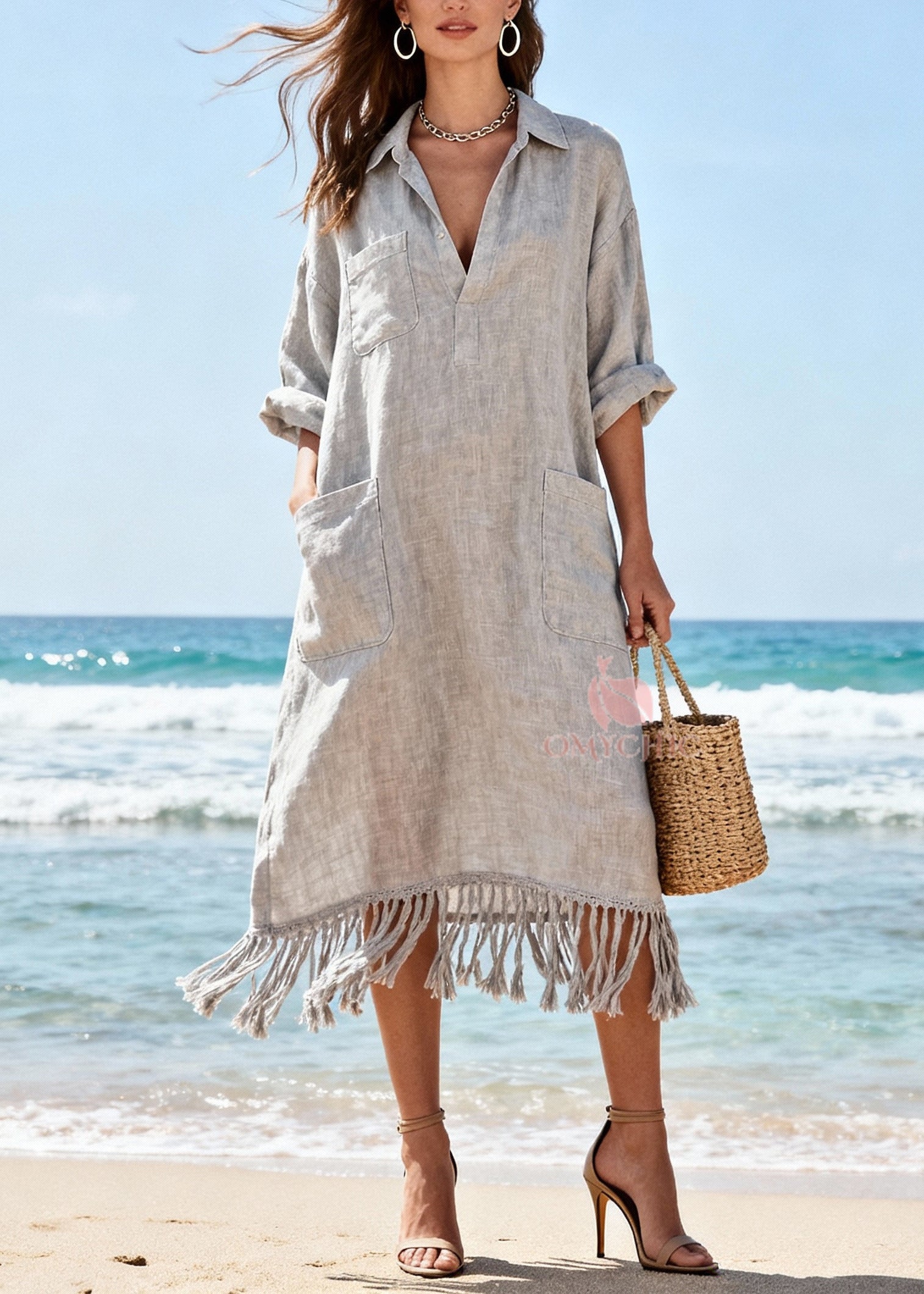 Organic Light Grey Tasseled Pockets Cotton Long Dress Spring