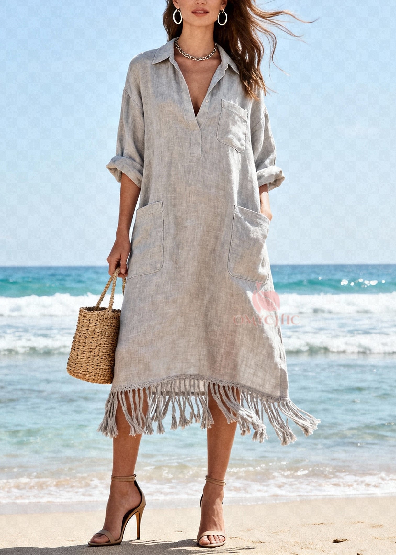 Organic Light Grey Tasseled Pockets Cotton Long Dress Spring
