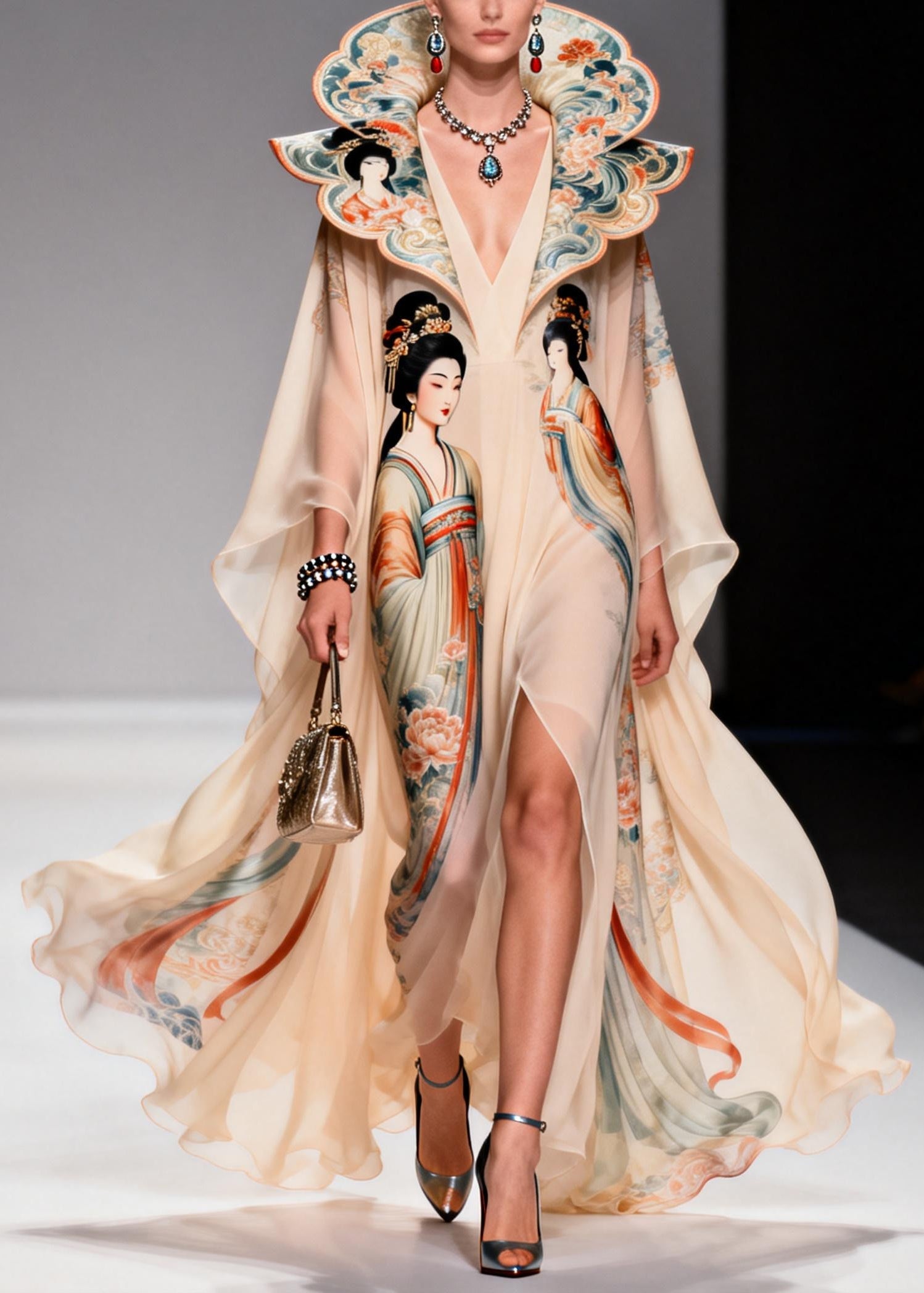 Original Design Apricot Peter Pan Collar Print Chiffon Maxi Dresses Summer