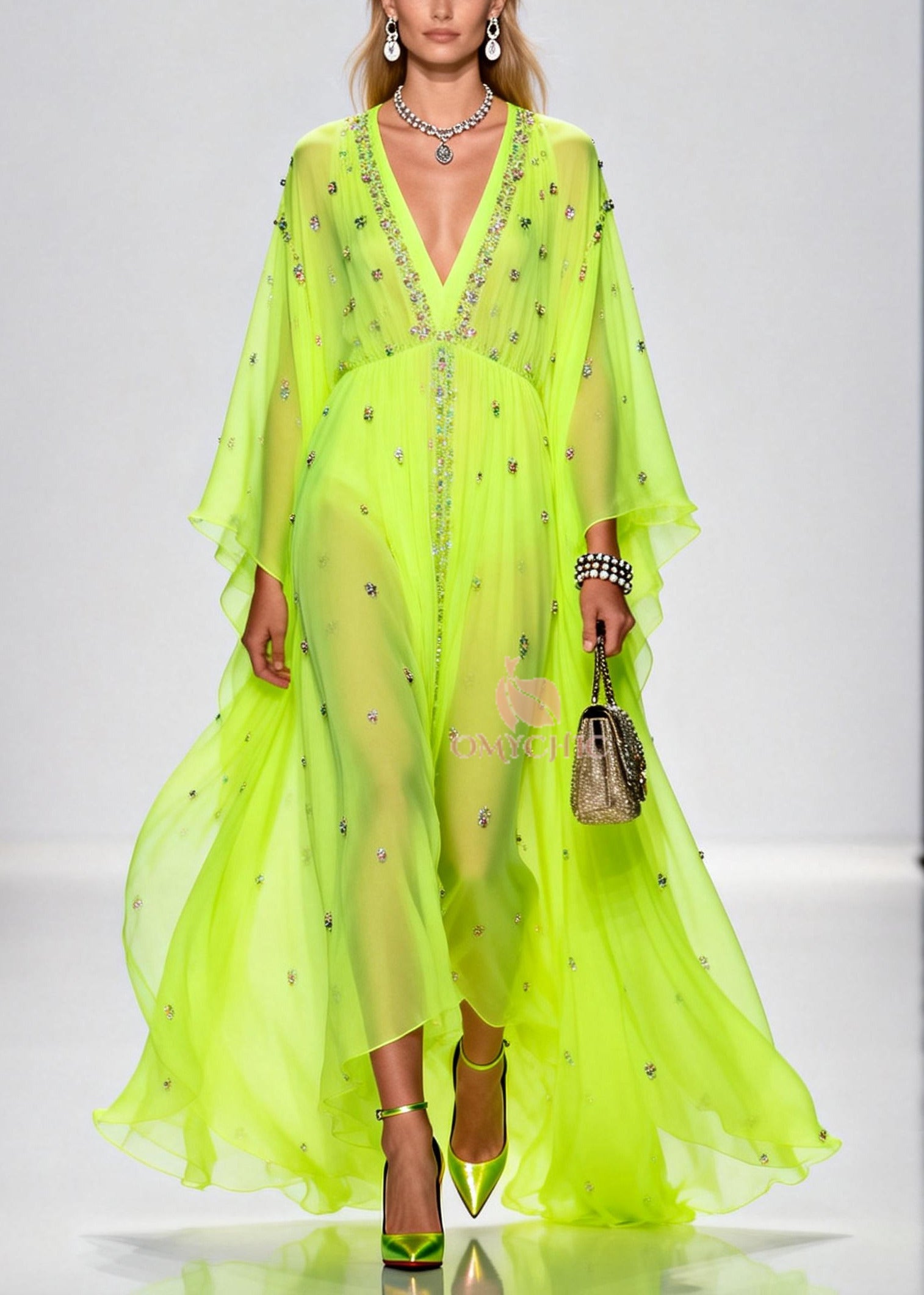 Original Design Fluorescent Green Rhinestone Exra Large Hem Chiffon Party Dresses Summer