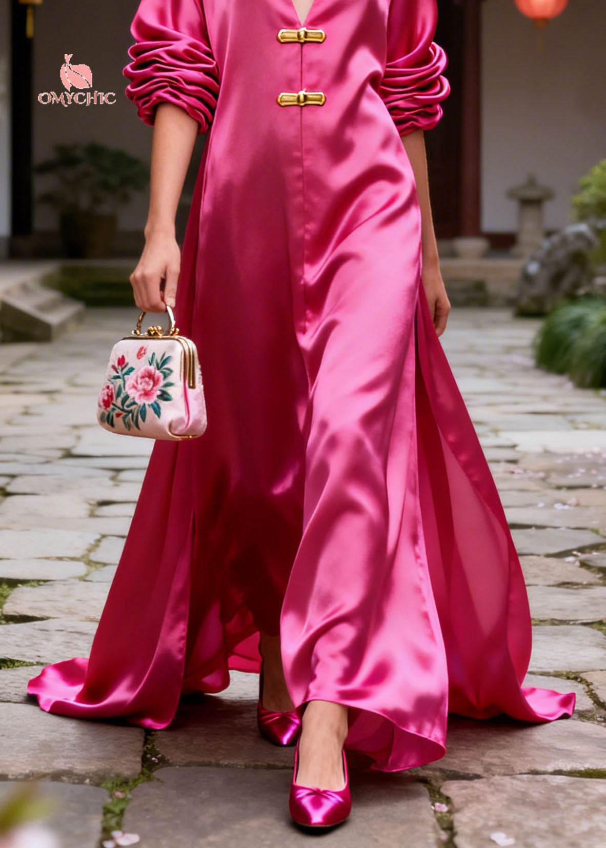 Original Design Rose V Neck Silk Long Dresses Summer