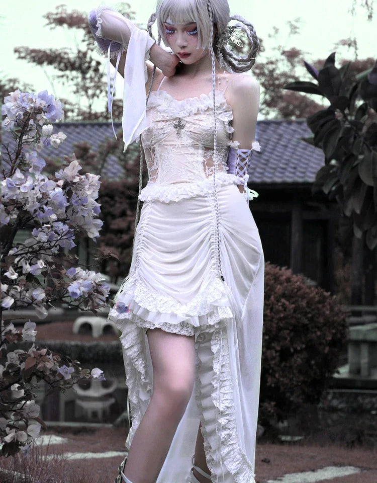 White Gothic Rope Lace Flying Sleeve Stiletto Strap Asymmetric Light Lolita Summer Party Evening Dress - VelvetHem
