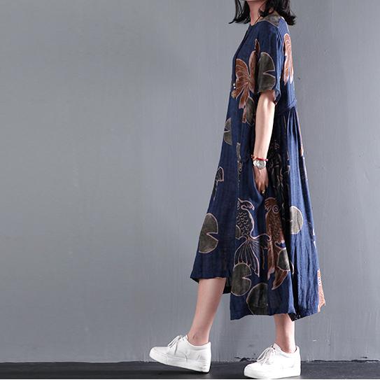 Original Navy floral print linen sundress plus size summer maxi dresses caftan gown