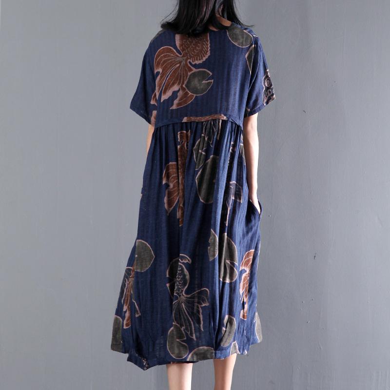 Original Navy floral print linen sundress plus size summer maxi dresses caftan gown
