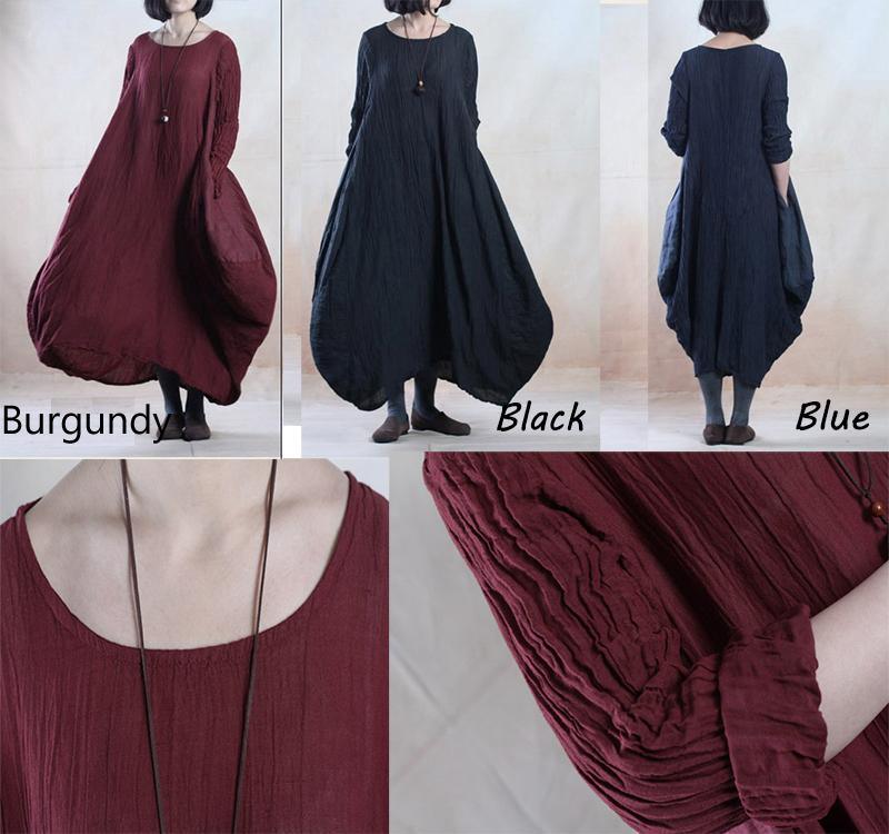 Oversize black linen maxi dress long holiday causal dress