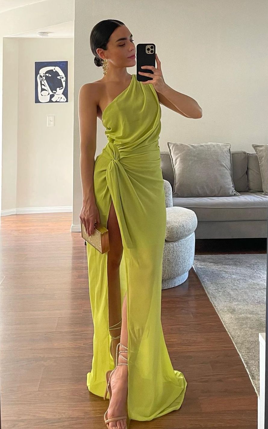 Fashion Green High Slit One Shoulder Pleated Chiffon Long Prom Dress Evening Dress - VelvetHem