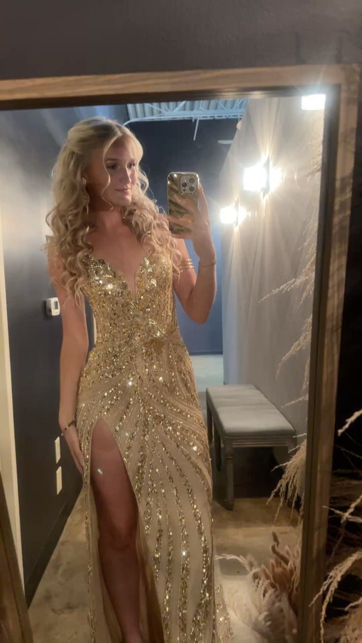 Shining Gold Slit Deep V Neck Sequined Long Prom Dress Evening Dress