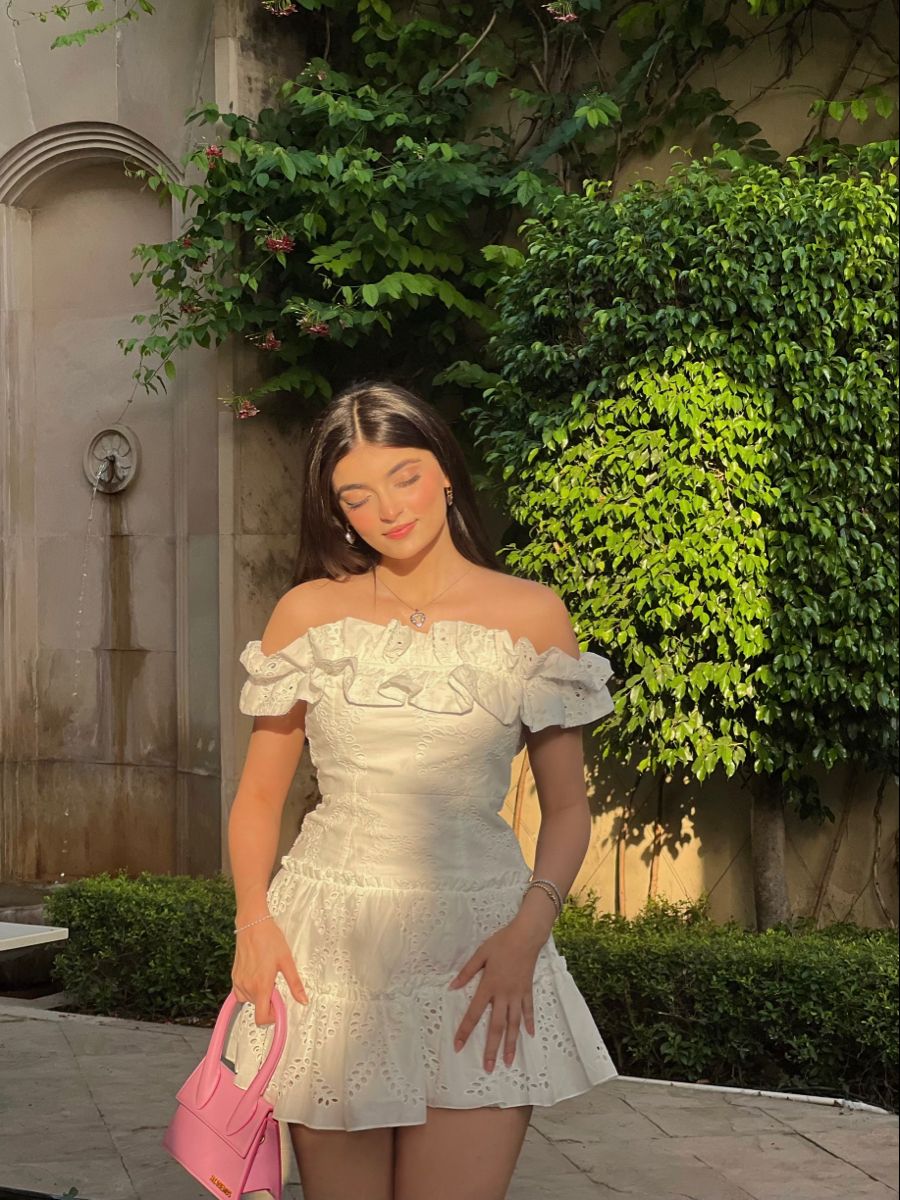 Sweet White One-shoulder Neckline Ruffled Hollow Embroidery A-line Birthday Skirt Homecoming Dress - View 2 | VelvetHem