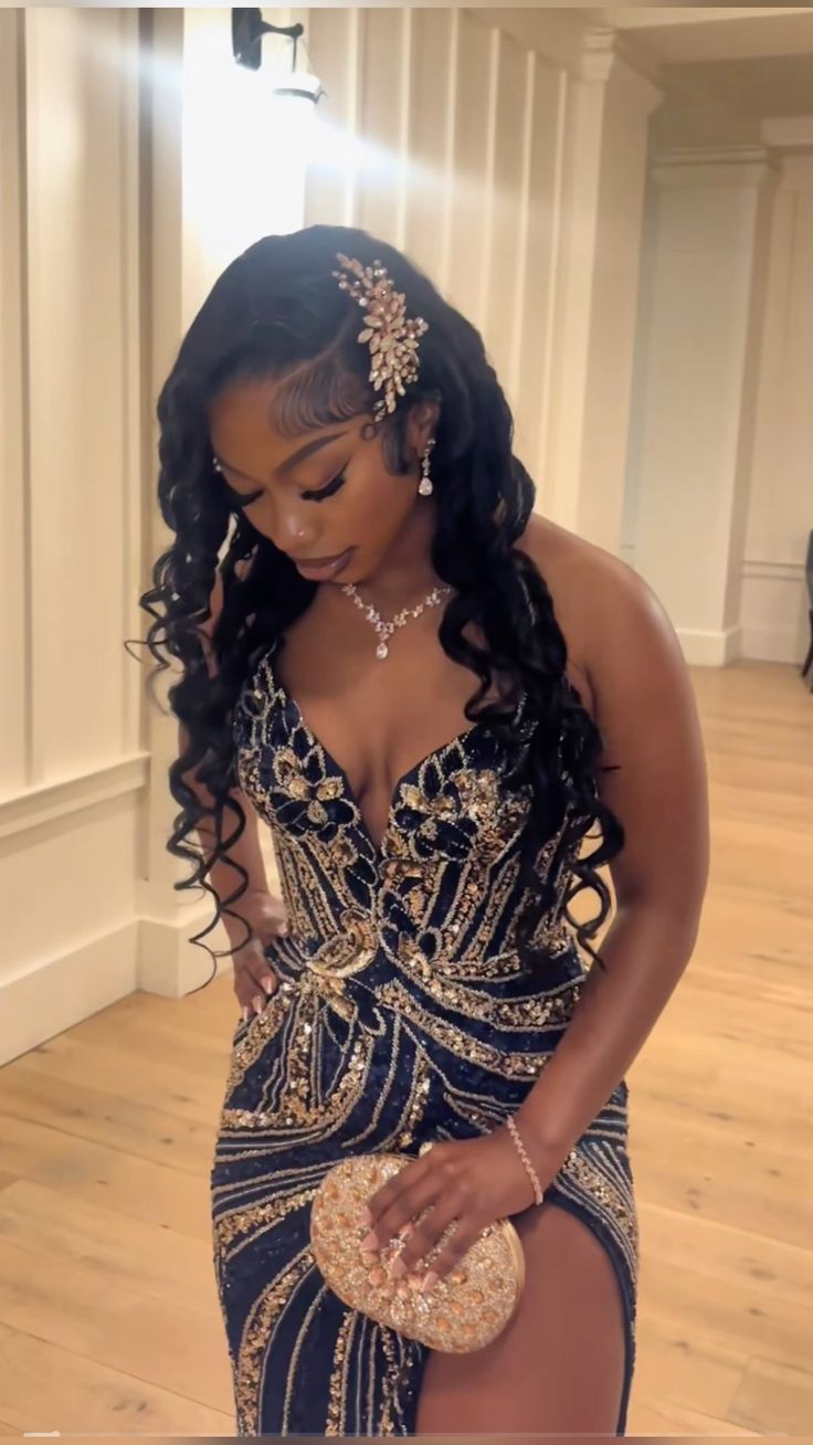 Vintage Navy Blue And Gold High Slit Deep V Neck Sequined Long Prom Dress Evening Dress - View 2 | VelvetHem