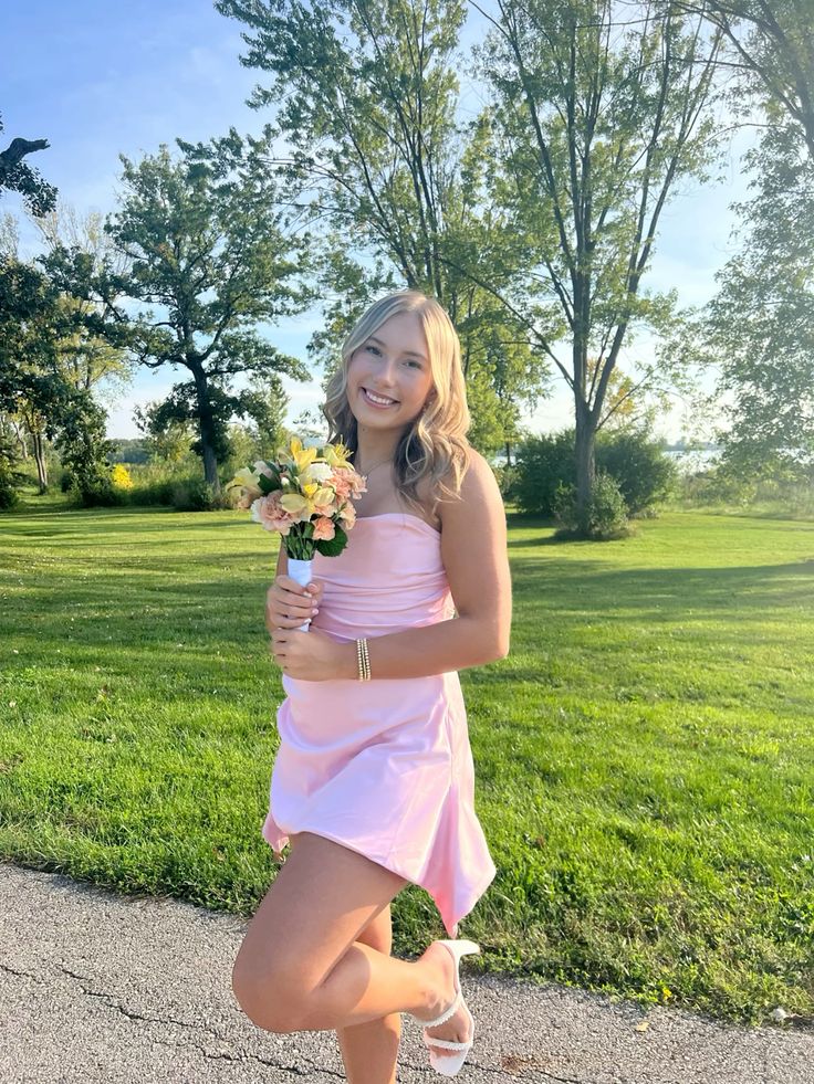 Sweet Light Pink Pleated Slim Satin Irregular Birthday Dress Homecoming Dress - VelvetHem