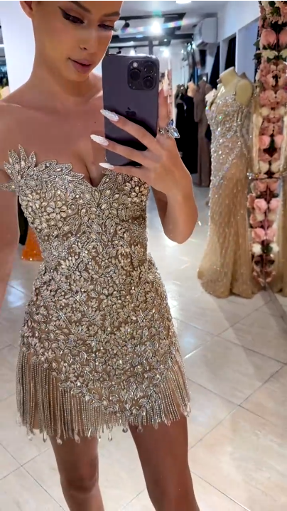 Gorgeous Silver Rhinestone Bandeau V-Neck Tassel Slim Birthday Homecoming Dress - View 2 | VelvetHem