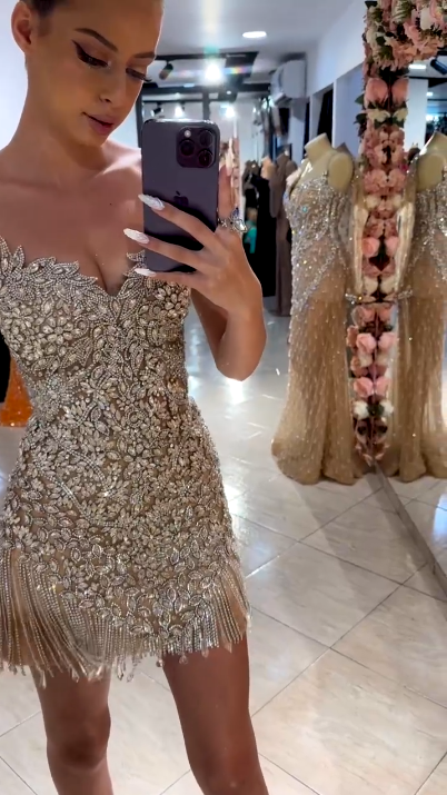 Gorgeous Silver Rhinestone Bandeau V-Neck Tassel Slim Birthday Homecoming Dress - View 3 | VelvetHem