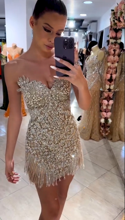 Gorgeous Silver Rhinestone Bandeau V-Neck Tassel Slim Birthday Homecoming Dress - View 4 | VelvetHem