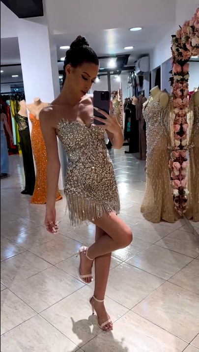 Gorgeous Silver Rhinestone Bandeau V-Neck Tassel Slim Birthday Homecoming Dress - View 6 | VelvetHem
