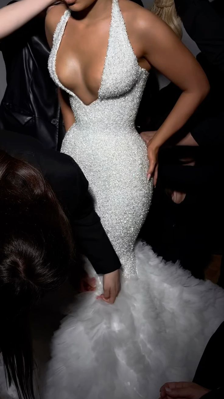 Fantasy White Mermaid Halter Neck Deep V Sequined Train Prom Dress Evening Dress - VelvetHem