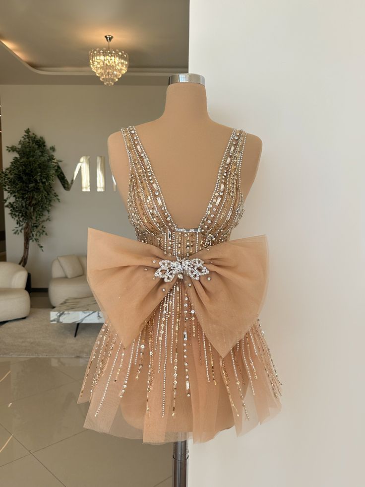 Luxury Nude Gold Deep V neck Rhinestone Beaded Bow Tulle A-line 16th Birthday Homecoming Dress - VelvetHem