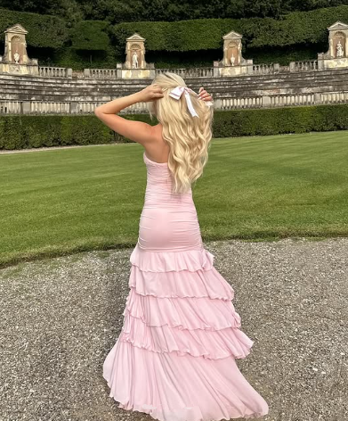 Sweet Pink Chiffon Strapless Evening Dress Multi-Layered Slit Prom Party Dress - View 4 | VelvetHem