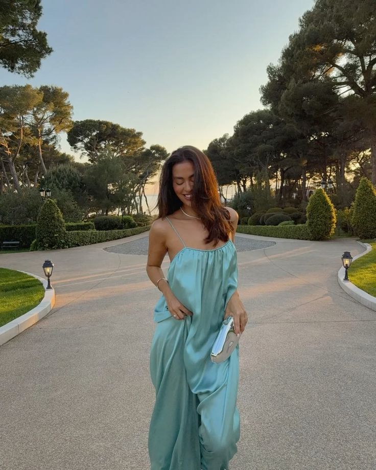 Relaxed Mint Green Loose Spaghetti Strap Backless Satin Long Prom Dress Evening Dress - VelvetHem