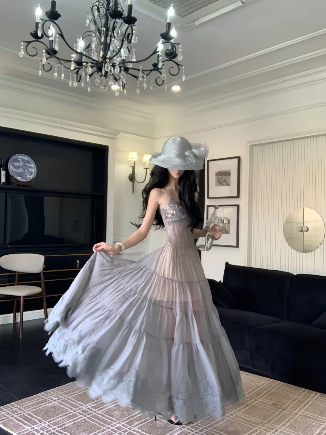 Elegant Smoky Gray A-line Spaghetti Strap Sequined Lace Long Prom Dress Evening Dress - VelvetHem